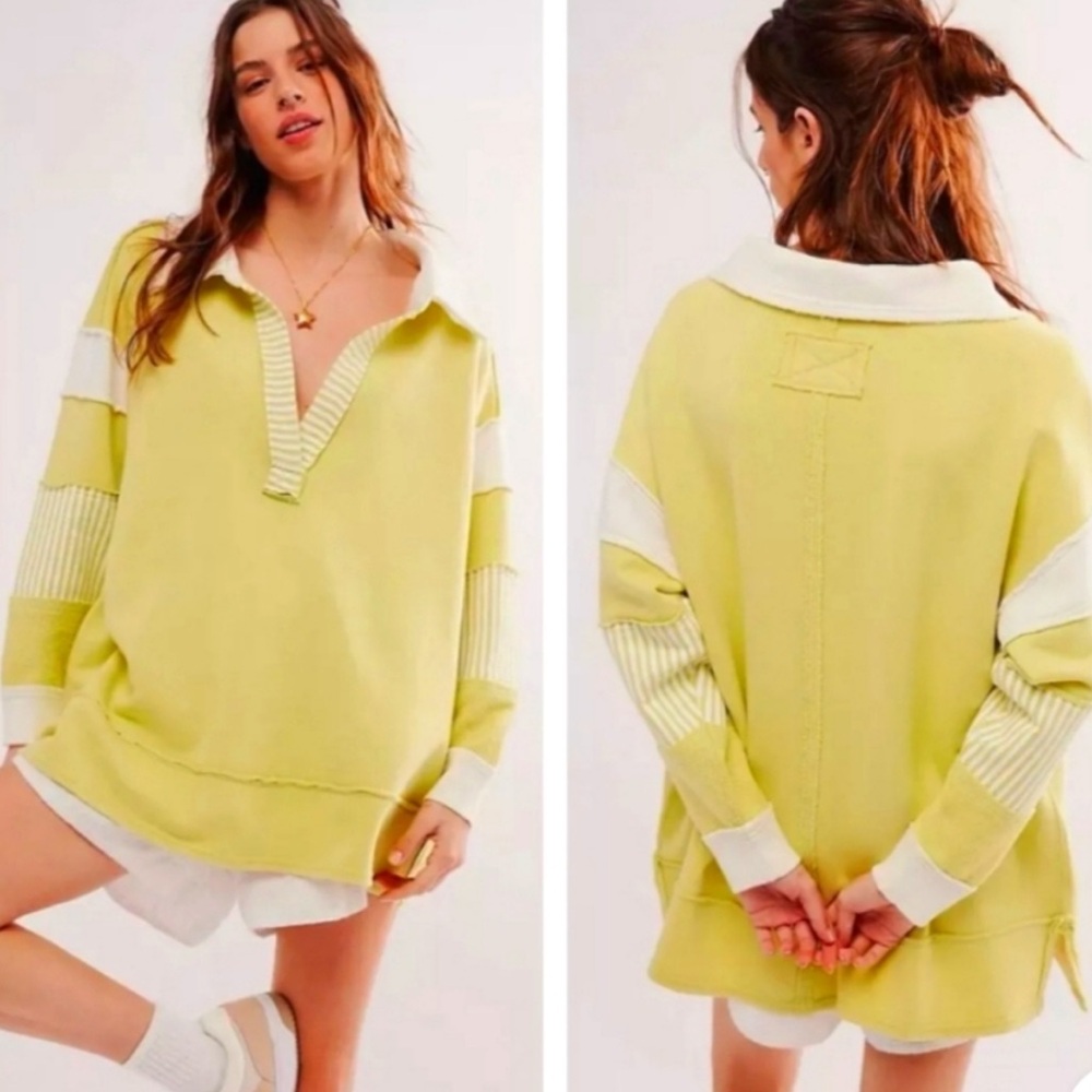 Free People We The Free Clean Prep Polo Pullover Top Light Green Size XL